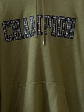 Champion Fleece Hoodie Olive Green Color with a Plaid Logo Graphic, Size Medium